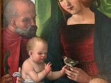 painting of a woman holding a baby and a bird next to a man holding a baby