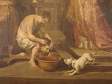 a painting of a man washing a dog in a bowl