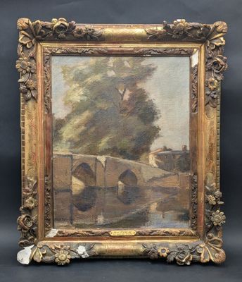 un tableau représentant un pont au-dessus d'une rivière, avec des arbres en arrière-plan