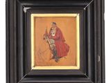 an old picture of a man in a red cloak holding a sword