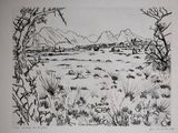 drawing of a landscape with mountains in the distance and a body of water in the foreground