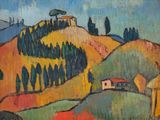 une image représentant un tableau où l'on voit une colline sur laquelle se trouve une maison