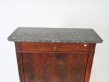 an old wooden cabinet with a marble top on a white background
