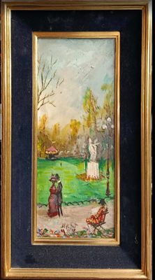 tableau représentant un couple dans un parc, avec un chien et un banc