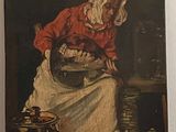 a painting of an old woman sitting on a table