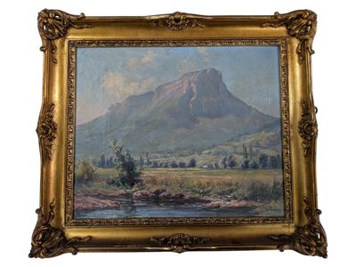 an oil painting of a mountain scene with a river in the foreground