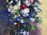 une peinture à l'huile représentant un vase de fleurs sur une table