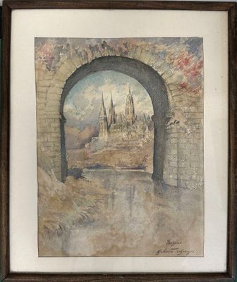 aquarelle encadrée représentant la vue d'un château à travers une arcade