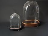 un dôme en verre avec un socle en bois et un dôme en verre avec un socle en bois sur fond noir