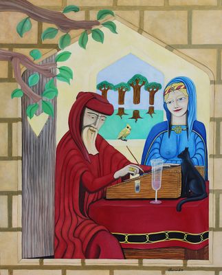 painting of a man and a woman sitting at a table