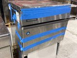 a blue box sitting on top of a pallet in a warehouse