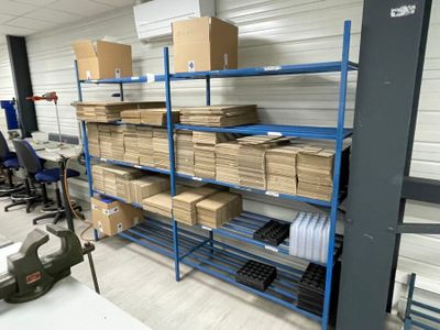 a room with a lot of boxes on the shelves