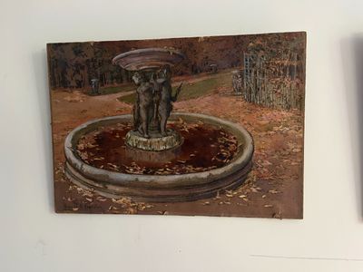 painting of a fountain and a painting of a woman in a park