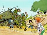 illustration of a group of children playing in front of a tank