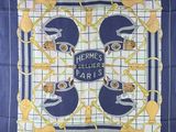 hermes ' s paris silk scarf with gold and blue design