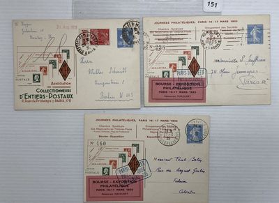 three old postcards with stamps and envelopes on a white surface