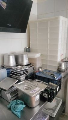 many pans and pans sitting on a table in a kitchen