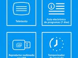 a blue screen with four different icons including a clock, a telephone, and a clock