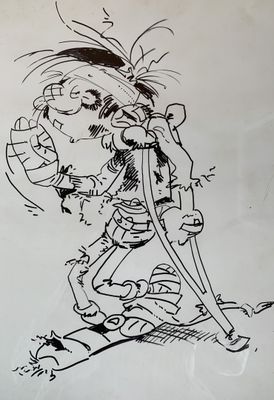 dessin représentant un personnage de bande dessinée avec une béquille sur la tête