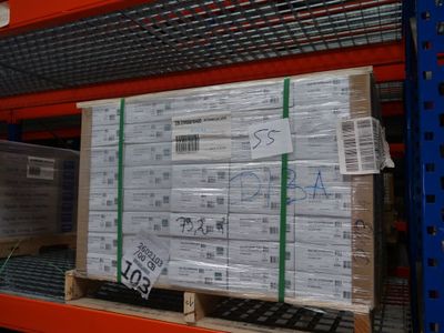 a pallet with a lot of boxes on it in a warehouse