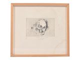 a black and white drawing of a man ' s face in a wooden frame