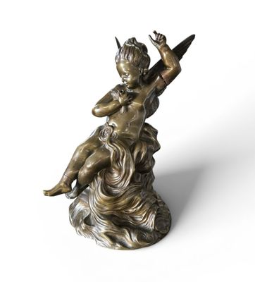 École du XIXe siècle, Ange à l'oiseau, bronze à patine brune…