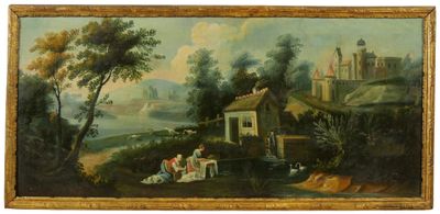une peinture à l'huile représentant un paysage avec des personnages et une maison