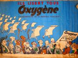 french cartoon poster of a group of people holding flags in front of a blue background