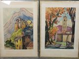 deux aquarelles encadrées représentant un village et une église