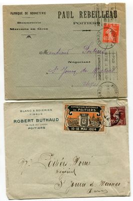 two old envelopes with stamps are sitting on top of each other