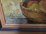 a painting of a bowl of fruit on a table