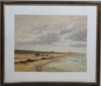painting of a beach scene with cows walking along the shore