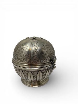 silver plated box with a domed lid on a white background