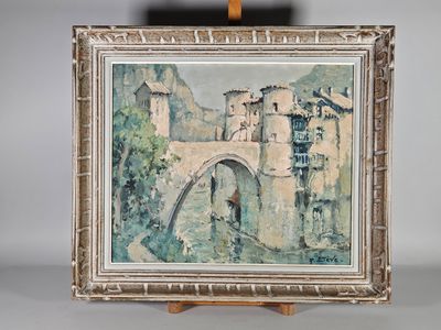 peinture sur chevalet représentant un pont avec un bâtiment en arrière-plan