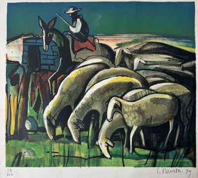 tableau représentant un homme à cheval gardant un troupeau de moutons dans un champ