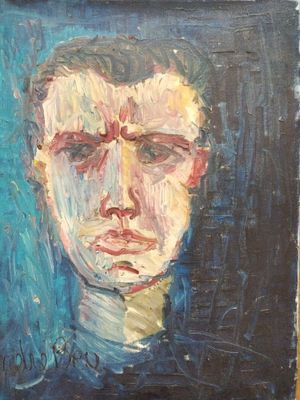 une peinture à l'huile représentant le visage d'un homme sur fond bleu