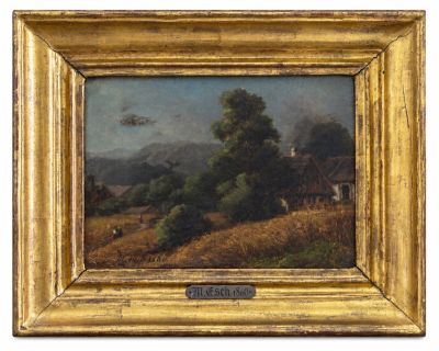 une peinture à l'huile représentant une scène de vie à la ferme avec des vaches dans un champ
