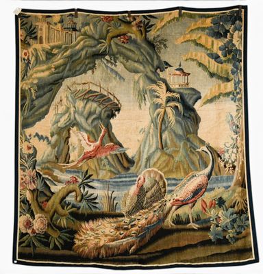 an image of a tapestry with birds and other animals in a forest