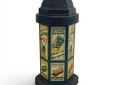 a blue fire hydrant that has a bunch of advertisements on it