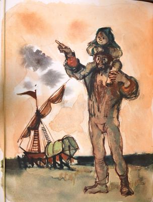 un tableau représentant un homme qui montre du doigt un bateau