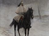 painting of a man riding a horse in the snow on a snowy day