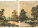 tableau représentant deux tableaux : l'un représentant une rivière et l'autre un village avec un bateau