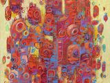 une peinture abstraite composée de formes rouges et bleues sur fond jaune