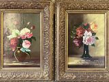 two paintings of flowers in a vase and a vase of roses in a vase