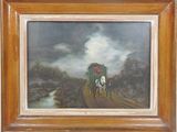 an oil painting of a horse drawn carriage traveling down a country road