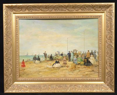 une peinture à l'huile représentant un groupe de personnes sur une plage au bord de la mer