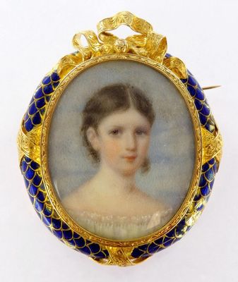 portrait of a woman in a blue dress in a gold - plated frame