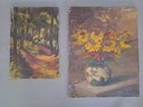 deux tableaux représentant des fleurs dans un vase et un tableau représentant un sentier