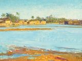 painting of a painting of a river with a village in the background
