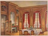 painting of a drawing of a dining room with a table and chairs